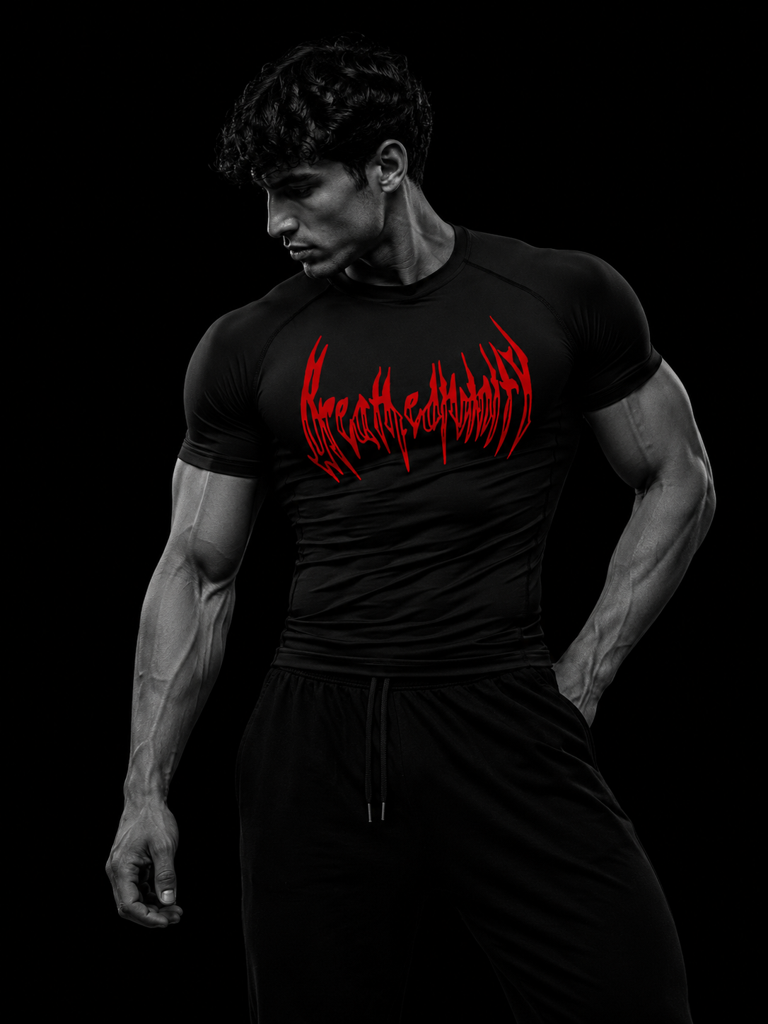 Homme musclé portant le t-shirt de compression manches courtes Breathedivinity noir à logo rouge, buste de trois-quarts sur fond sombre