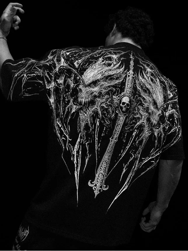 T-shirt oversize homme Hollow Souls, coloris noir, imprime rose en tissu respirant pour le sport.
