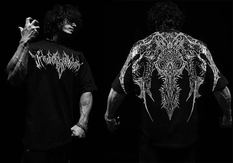 T-shirt oversize homme Deathclaw, coloris noir a imprime blanc, tissu doux et respirant pour le sport.