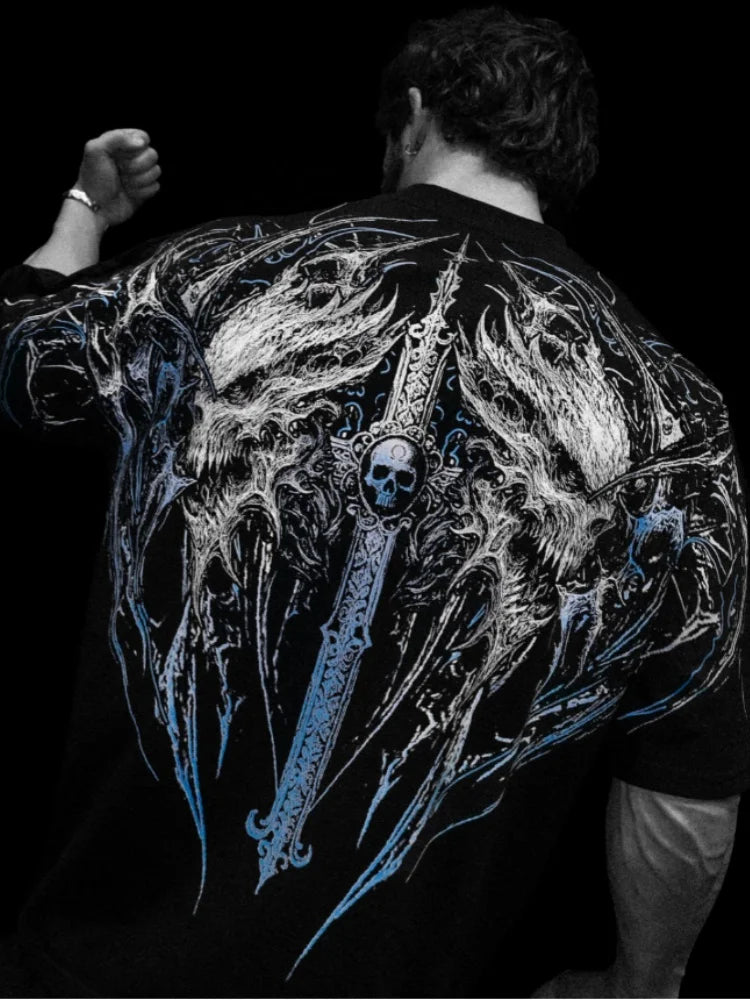 T-shirt oversize homme Hollow Souls, coloris noir, imprime bleu, coupe seconde peau pour la salle.