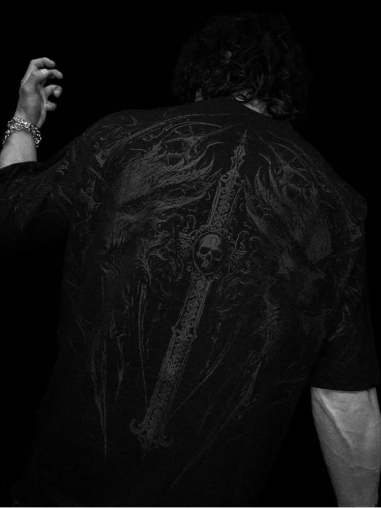 T-shirt oversize homme Hollow Souls, coloris noir, imprime violet en maille dry-fit confortable.