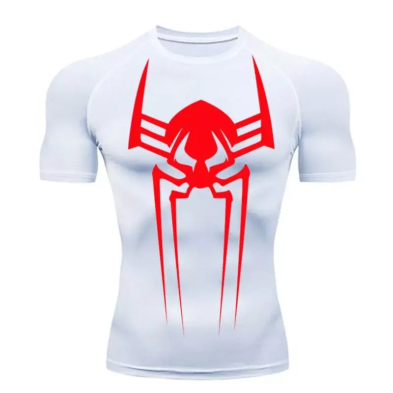 Camiseta de compresion para hombre Spiderman 2099, blanco, malla dry-fit transpirable.