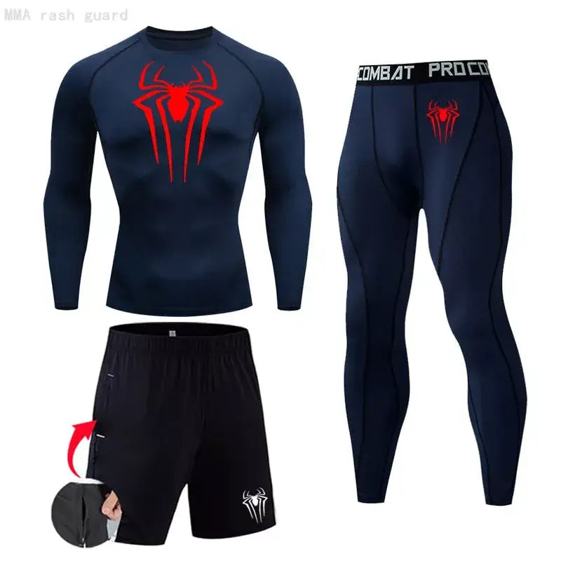 Męski zestaw kompresyjny Spiderman, kolor niebieski z czerwonym logo, elastyczna i oddychająca dzianina.