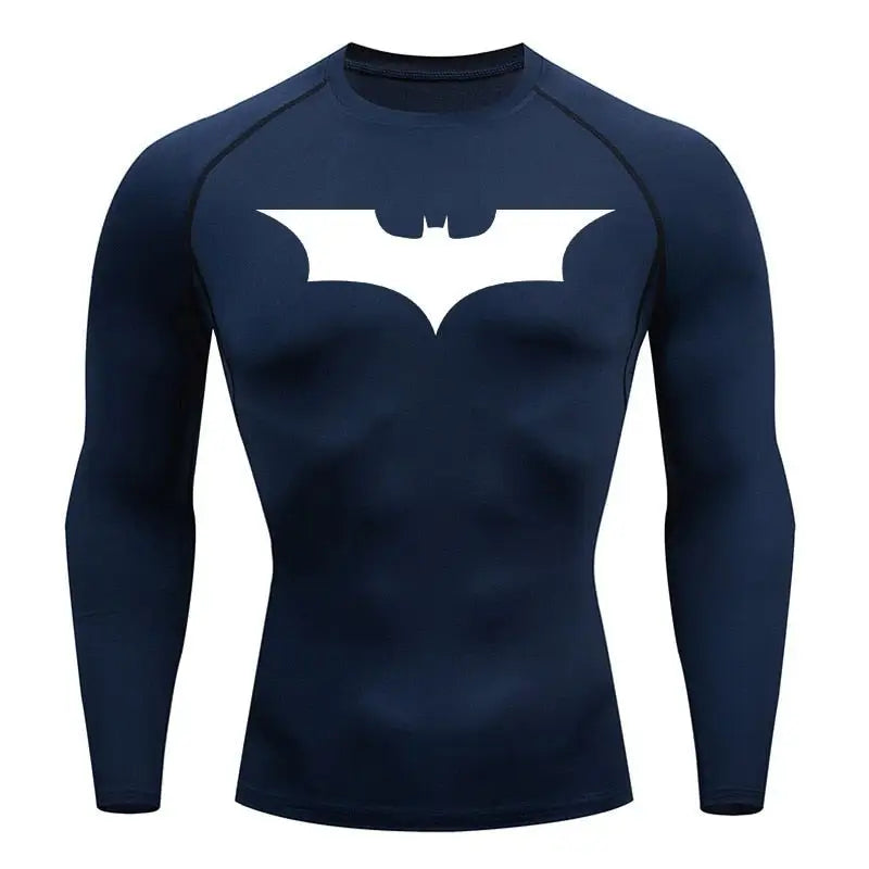 T-shirt de compression a manches longues homme Batman, coloris bleu, coupe pres du corps.