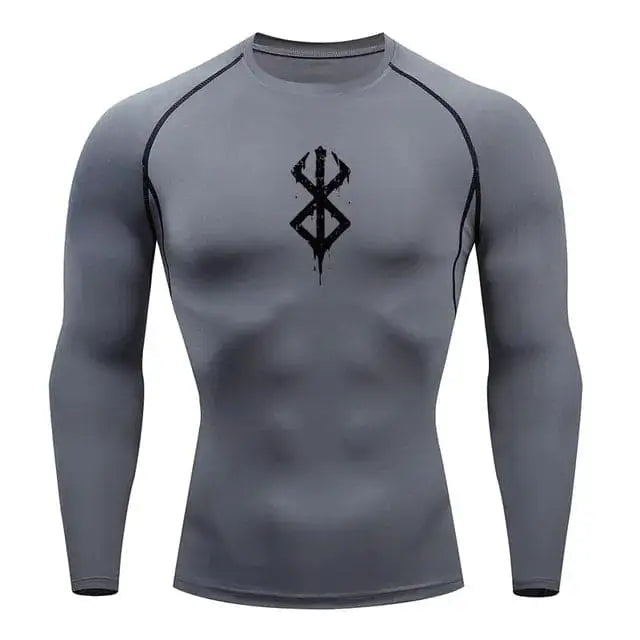 T-shirt de compression a manches longues homme Berserk Guts, coloris gris, tissu extensible pour l entrainement.