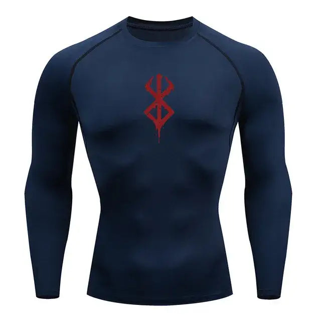 T-shirt de compression a manches longues homme Berserk Guts, coloris bleu, maille dry-fit pour la musculation.