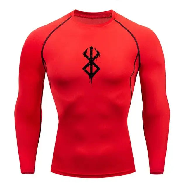 T-shirt de compression a manches longues homme Berserk Guts, coloris rouge, tissu respirant pour le sport.