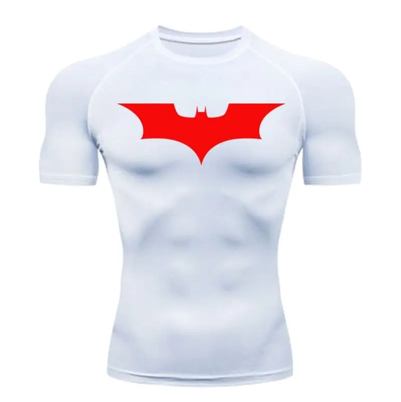 Men's Batman compression t-shirt, breathable technical mesh at the gym.