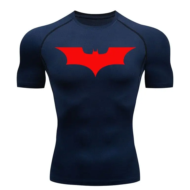 Men's Batman compression t-shirt, dry-fit mesh for strength training.