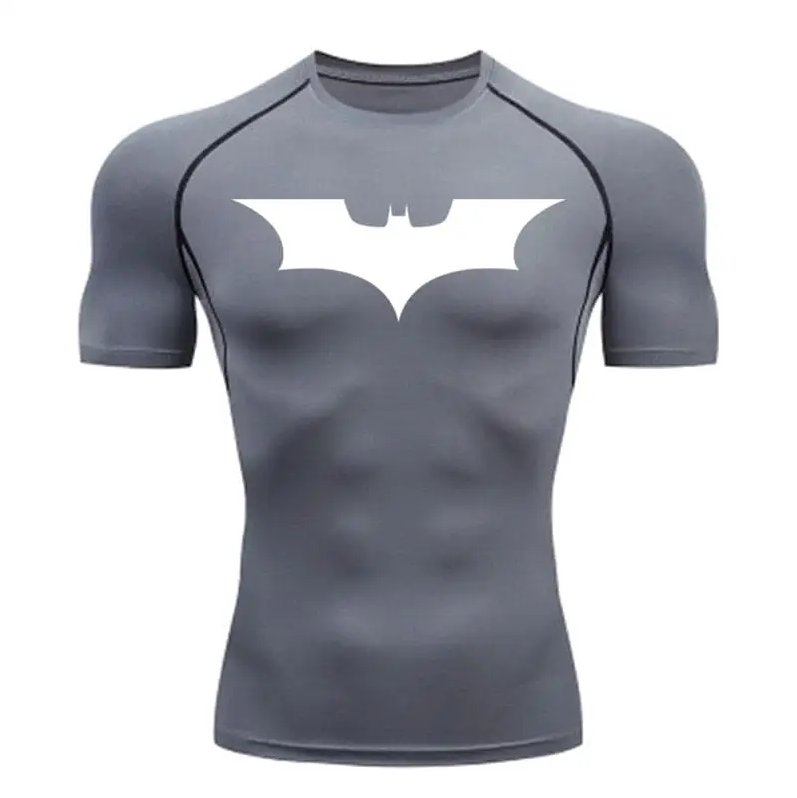 Men's Batman compression t-shirt, breathable second-skin fabric at the gym.