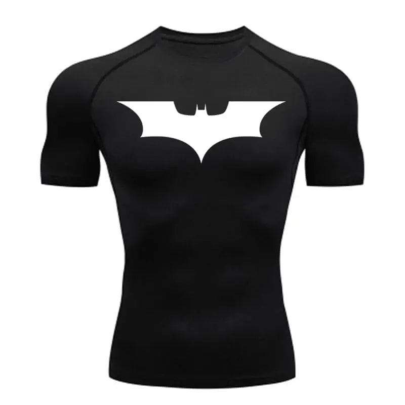 Men's Batman compression t-shirt, black with white logo, dry-fit mesh.