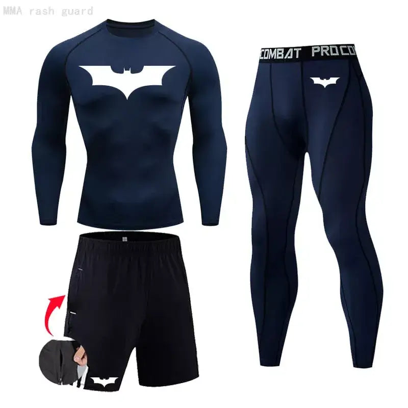 Męski zestaw kompresyjny Batman, kolor niebieski z białym logo, krój jak druga skóra.