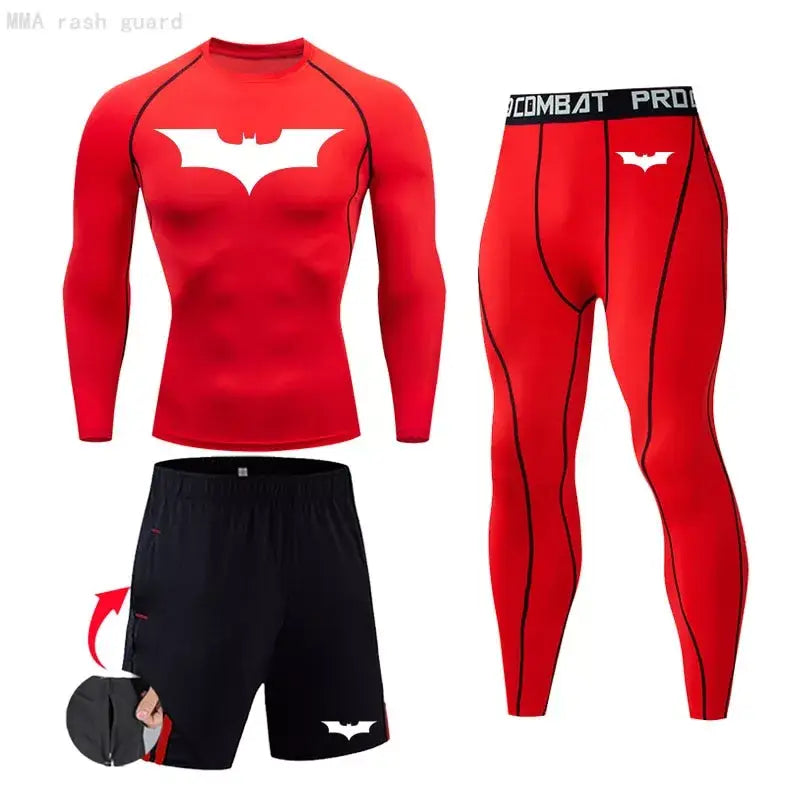 Męski zestaw kompresyjny Batman, kolor czerwony z białym logo, do treningu siłowego.