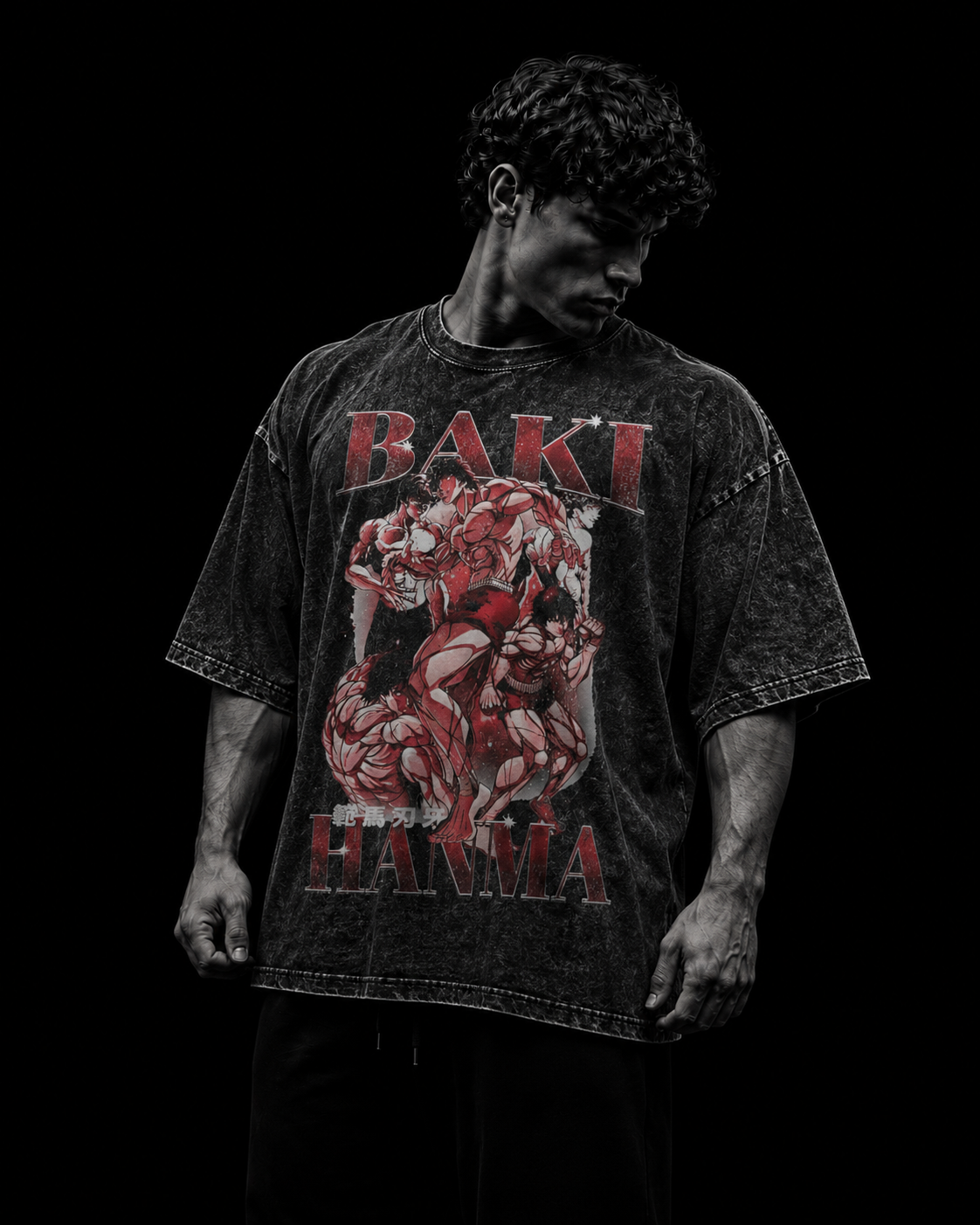 T-shirt oversize homme Baki Hanma, coupe ample en coton epais pour la musculation.