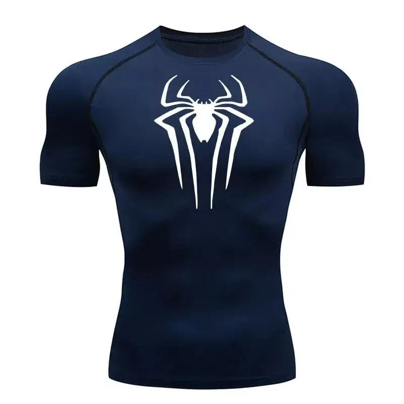 Men's Spiderman compression T-shirt, blue, dry-fit mesh for bodybuilding.