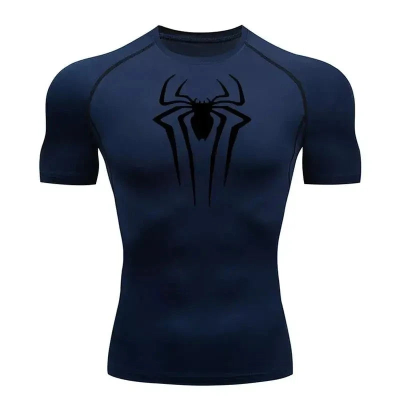 Men's Spiderman compression T-shirt, blue, second-skin fit for sport.