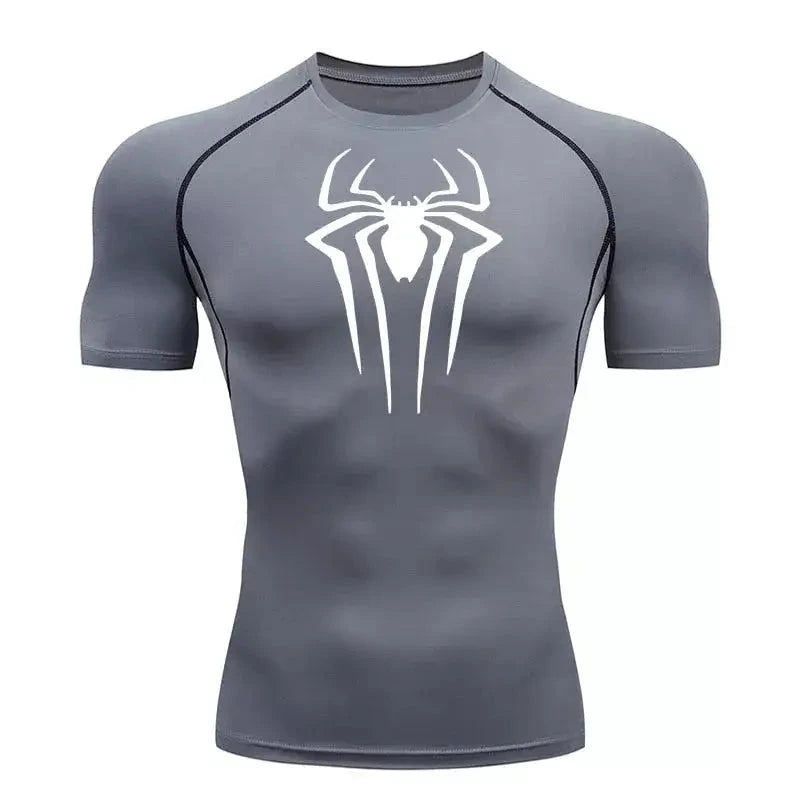 Men's Spiderman compression T-shirt, grey, second-skin fit for bodybuilding.