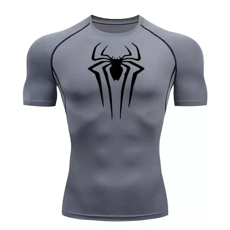 Men's Spiderman compression T-shirt, grey, breathable fabric for training.