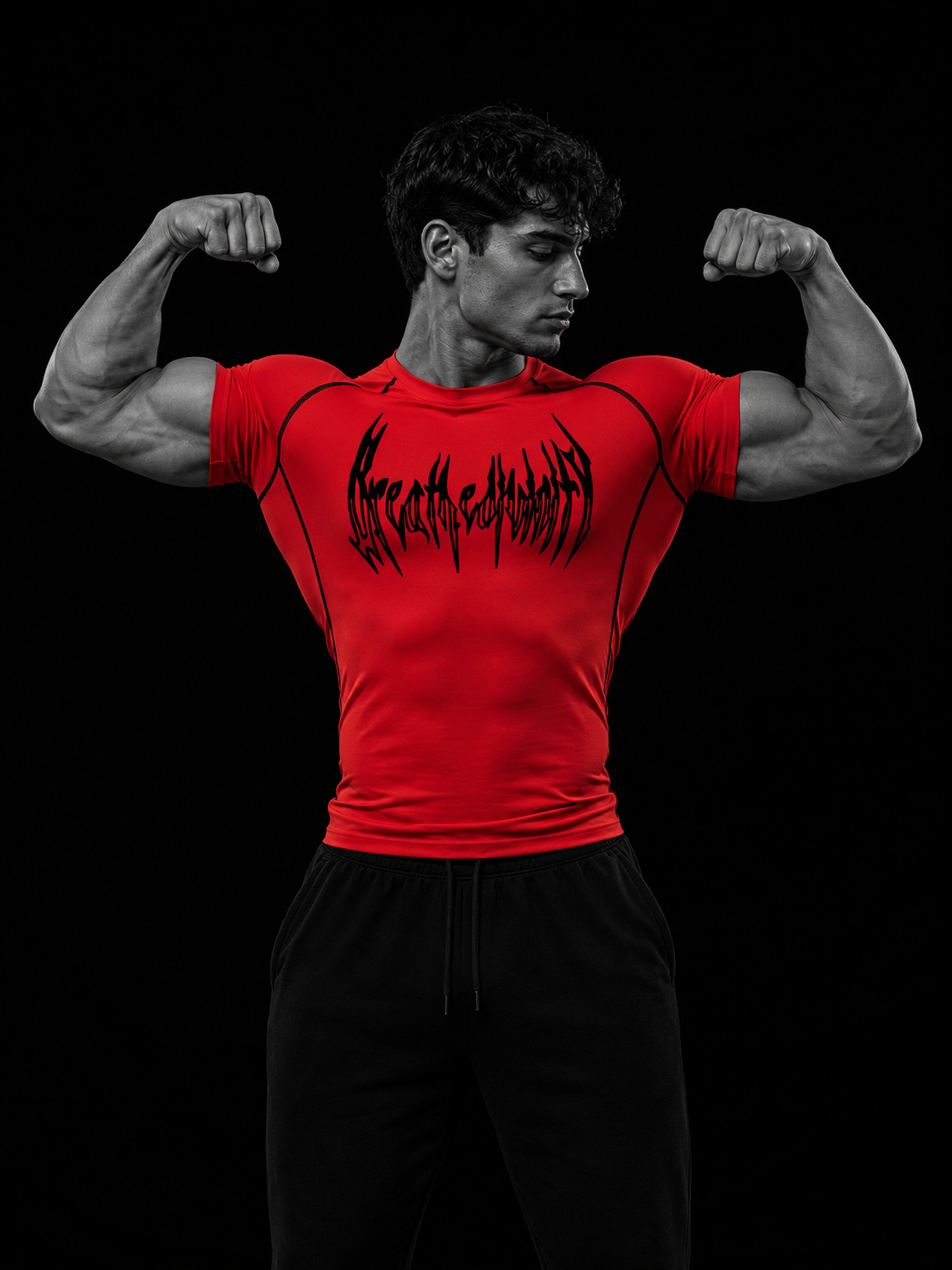Homme en double biceps portant le t-shirt de compression manches courtes Breathedivinity rouge, vue de trois-quarts sur fond noir.