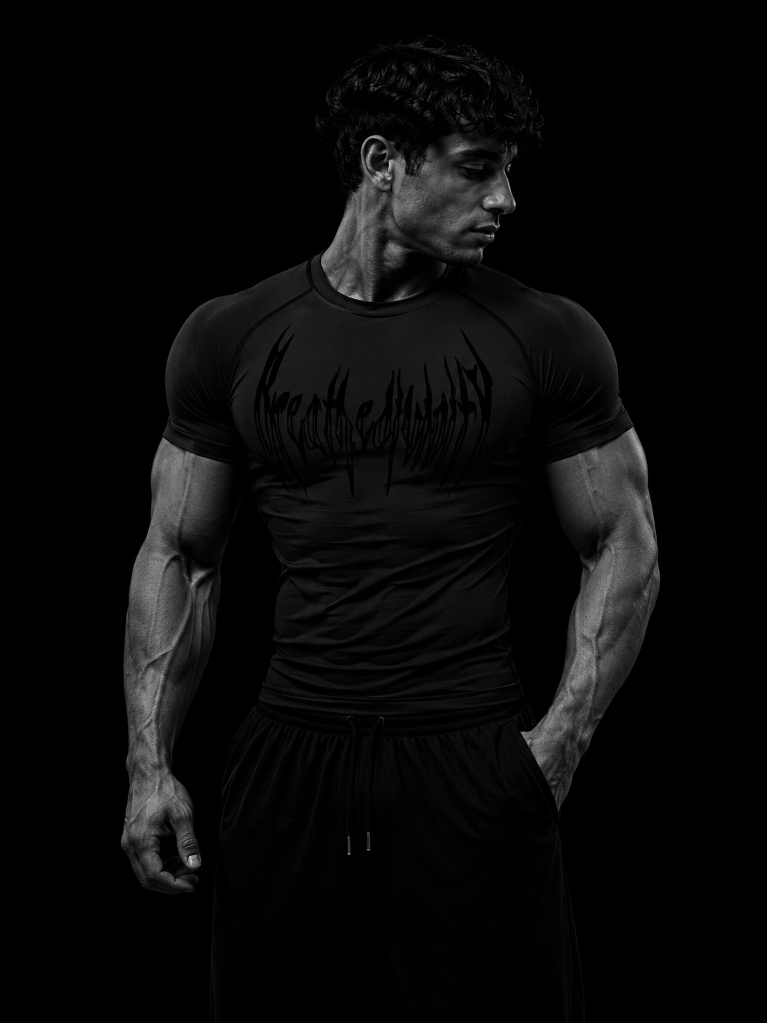 Homme musclé portant le t-shirt de compression manches courtes Breathedivinity noir, buste de profil sur fond studio sombre.