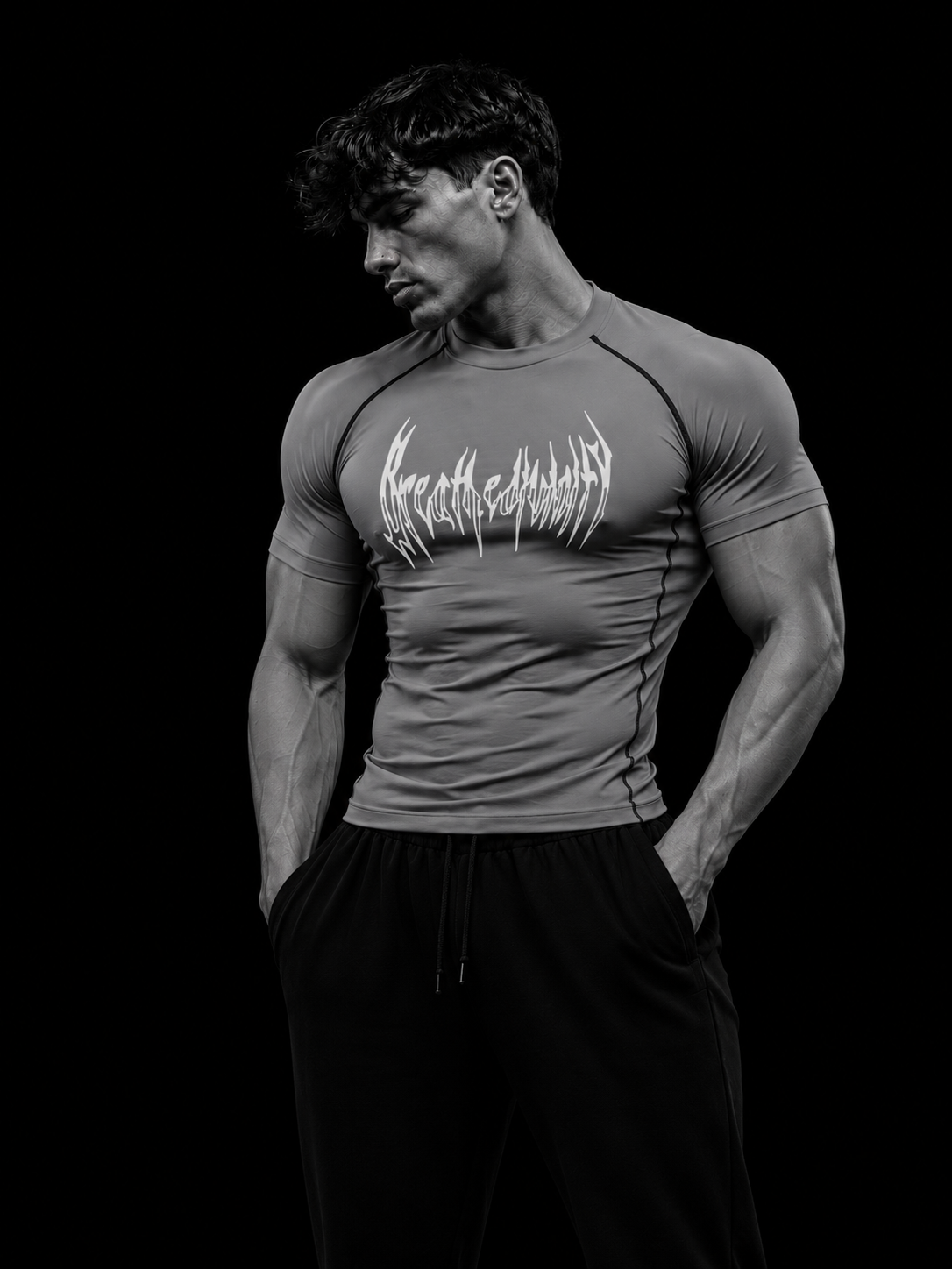 Homme portant le t-shirt de compression manches courtes Breathedivinity gris à imprimé blanc, buste de trois-quarts sur fond sombre.