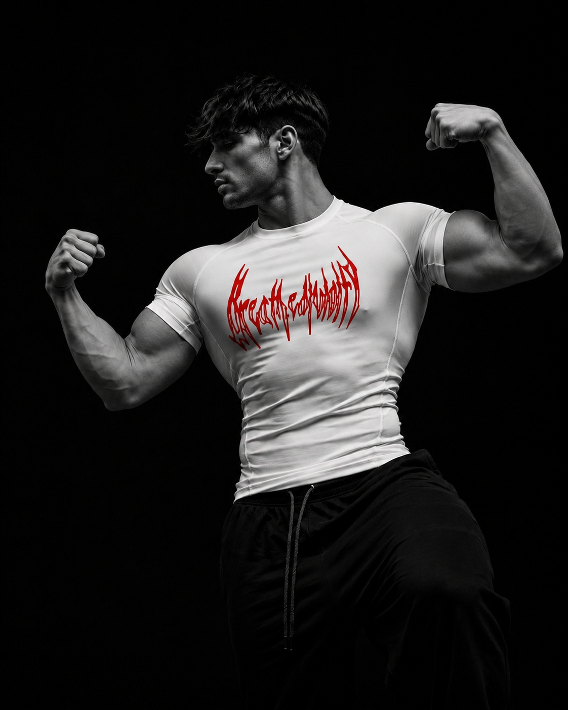 Homme portant le t-shirt de compression manches courtes Breathedivinity blanc, vue de trois-quarts, buste musclé, fond studio sombre.