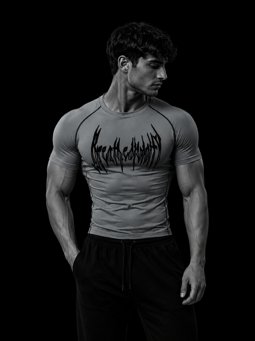 Homme portant le t-shirt de compression manches courtes Breathedivinity gris, buste de trois-quarts sur fond studio sombre
