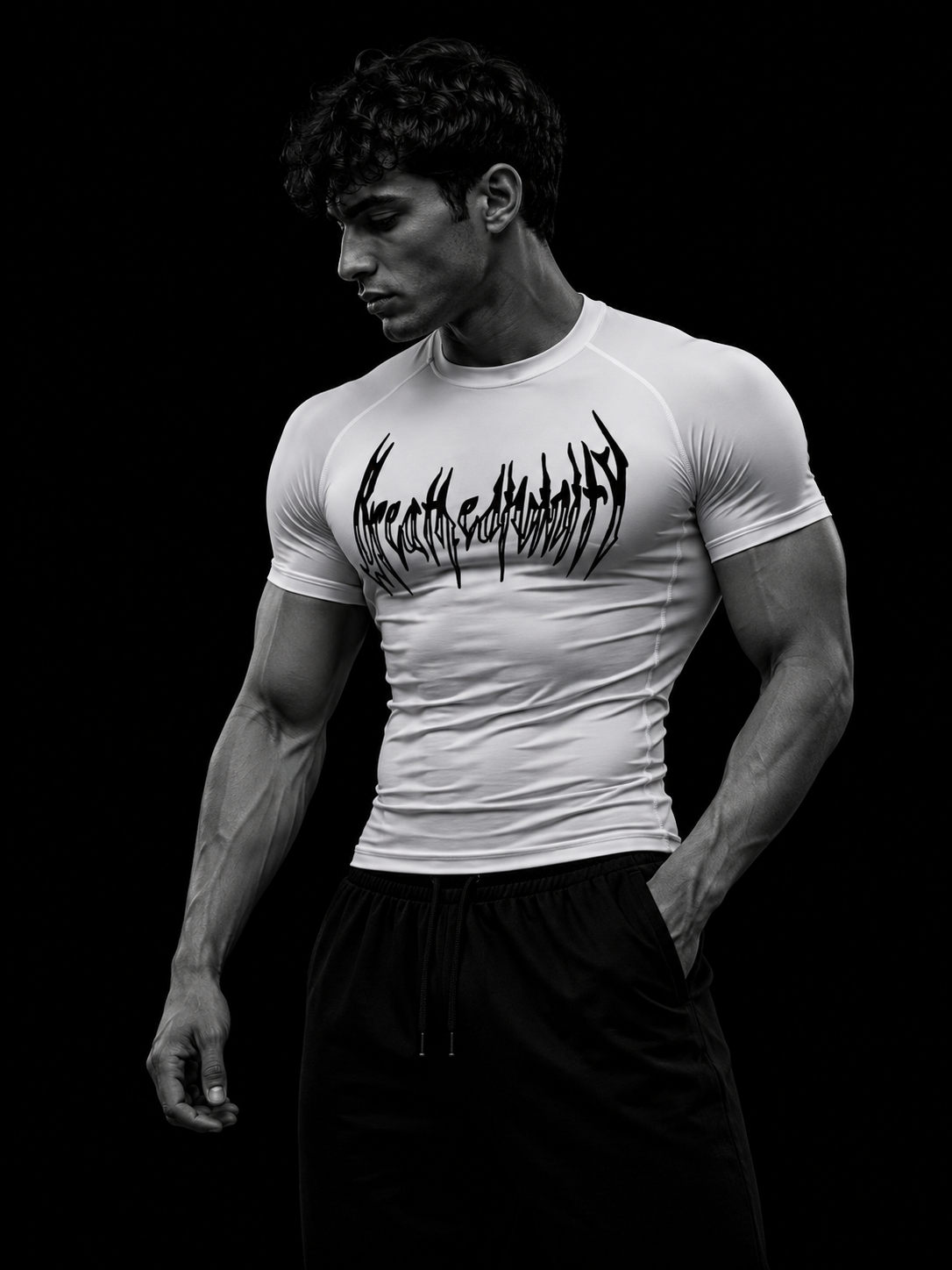 Homme portant le t-shirt de compression manches courtes Breathedivinity blanc, vue de trois-quarts, buste, fond studio noir.
