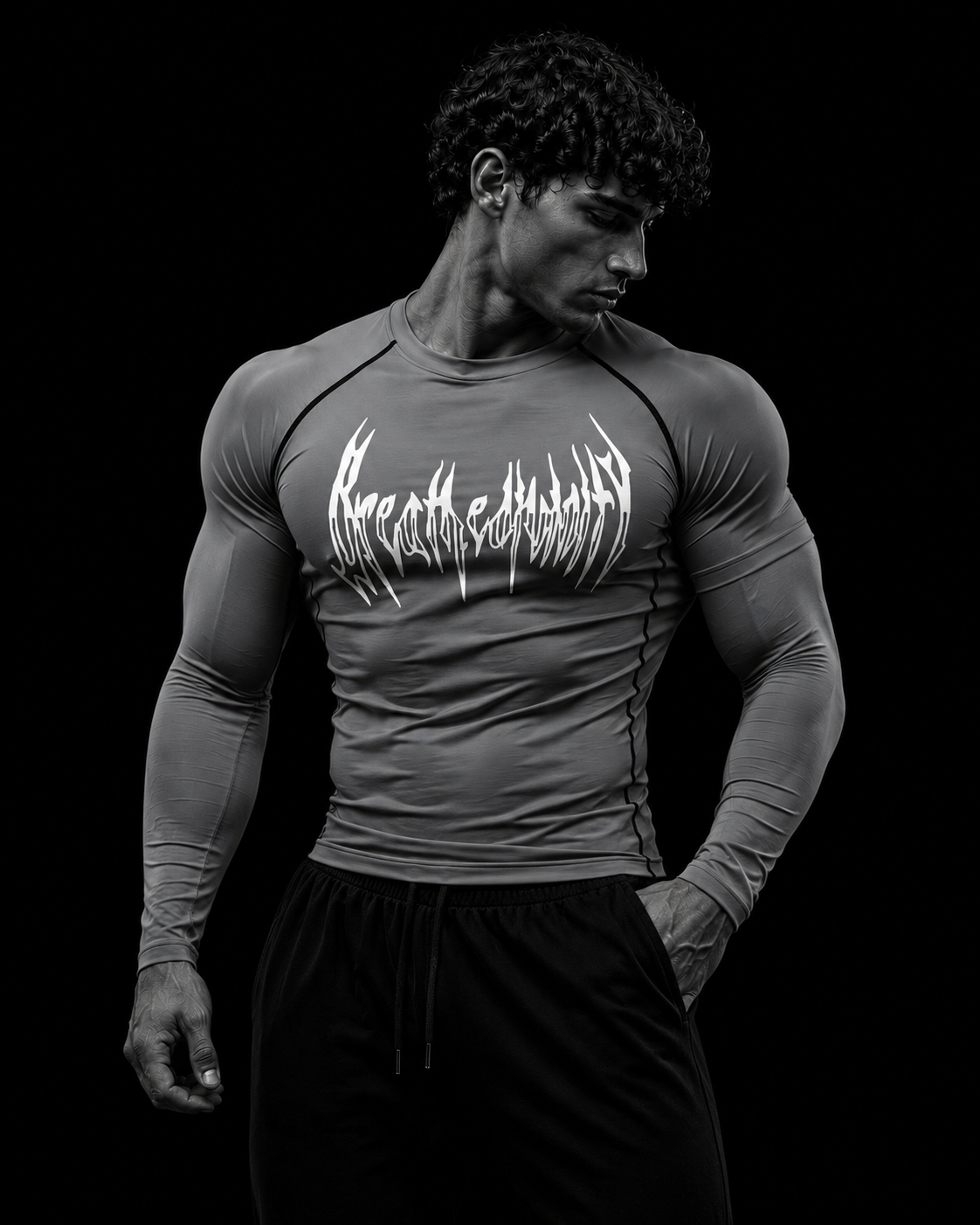 Homme musclé portant le t-shirt de compression manches longues Breathedivinity gris, buste de trois-quarts sur fond studio noir