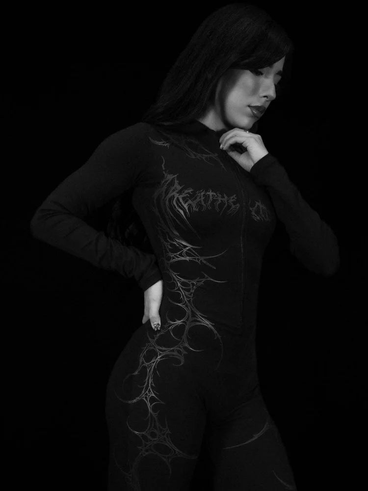 Combinaison de sport manches longues à motifs Breathedivinity — Noir et gris — inscription poitrine