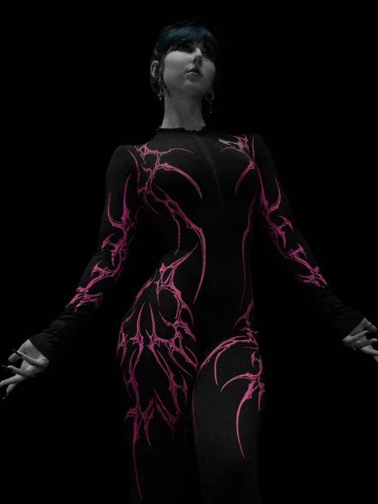 Combinaison de sport manches longues à motifs Breathedivinity — Noir et rose — motif latéral