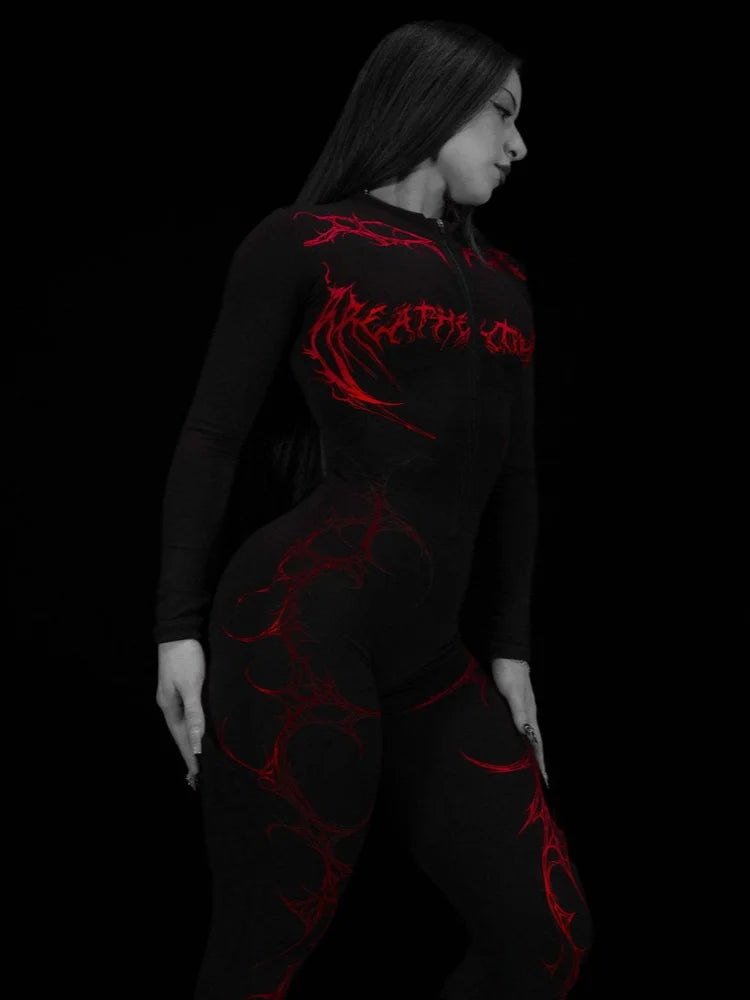 Combinaison de sport manches longues à motifs Breathedivinity — Noir et rouge — inscription poitrine