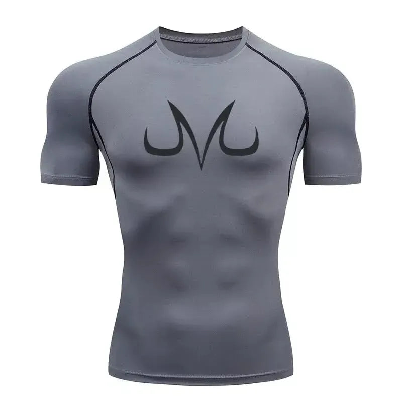 Camiseta de compresion Majin para hombre, color gris, malla dry-fit transpirable.