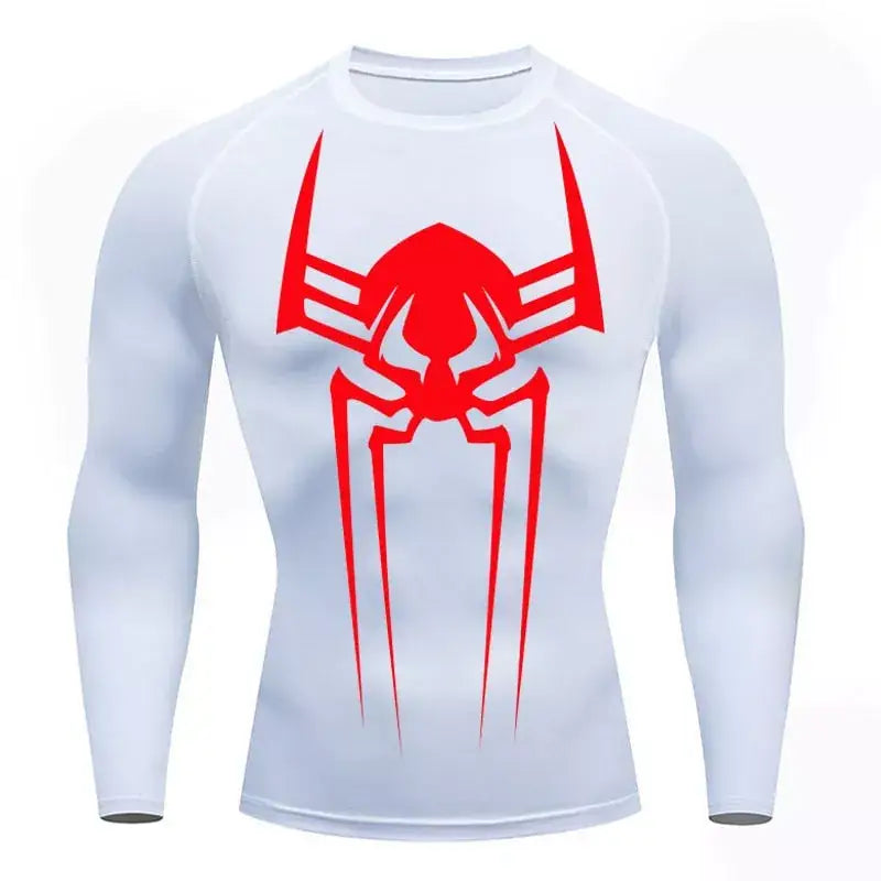 Camiseta de compresion de manga larga para hombre Spiderman 2099, blanco, malla dry-fit transpirable.