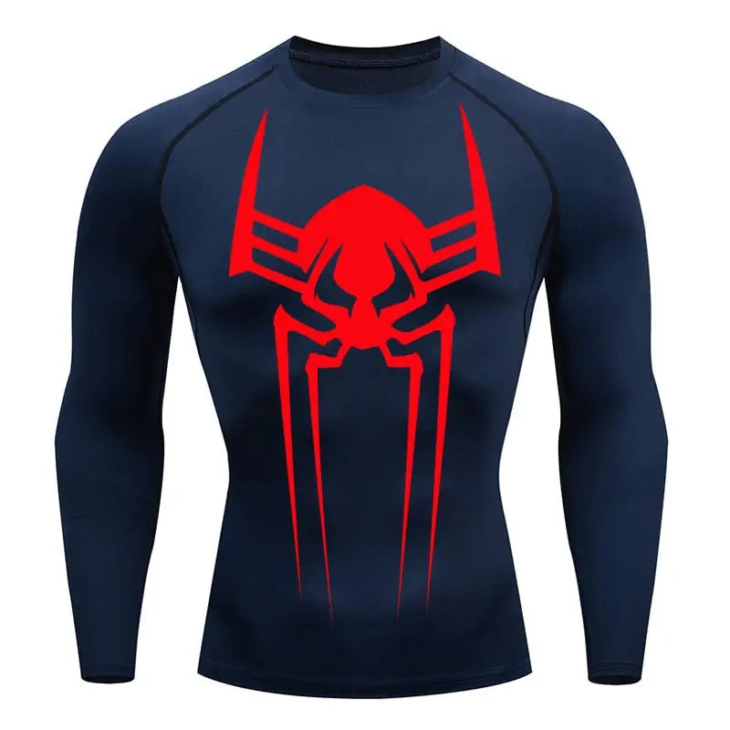 Męska koszulka kompresyjna z długim rękawem Spiderman 2099, kolor niebieski, krój jak druga skóra, tkanina dry-fit.