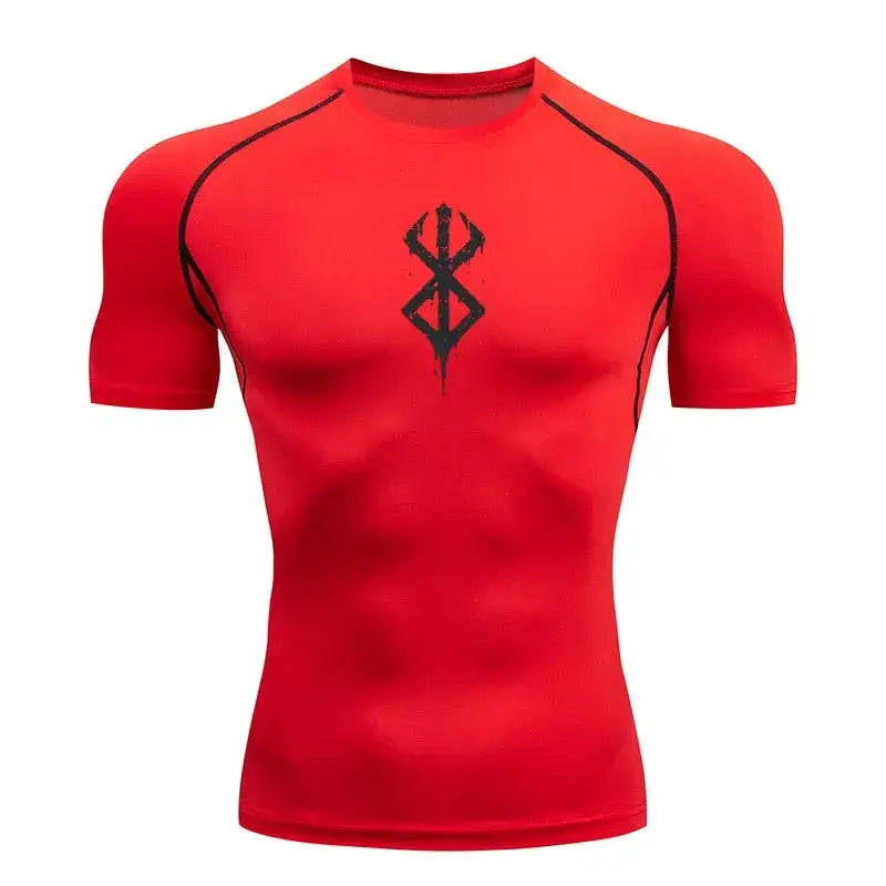T-shirt de compression homme Berserk Guts, coloris rouge, maille dry-fit respirante.