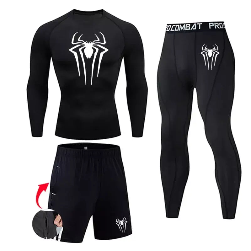 Ensemble de compression (pack) homme Spiderman, coloris noir, maille dry-fit pour la musculation.