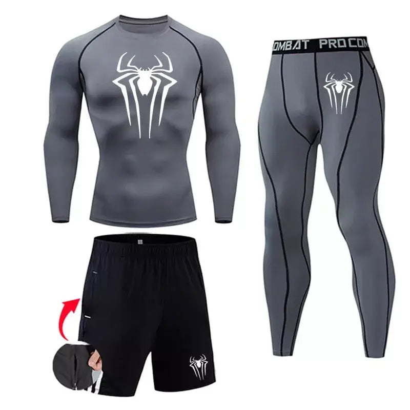 Ensemble de compression (pack) homme Spiderman, coloris gris logo blanc, coupe seconde peau.
