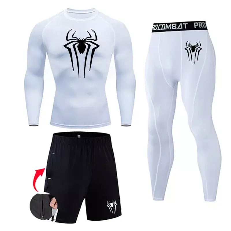 Ensemble de compression (pack) homme Spiderman, coloris blanc, maille extensible pour l entrainement.