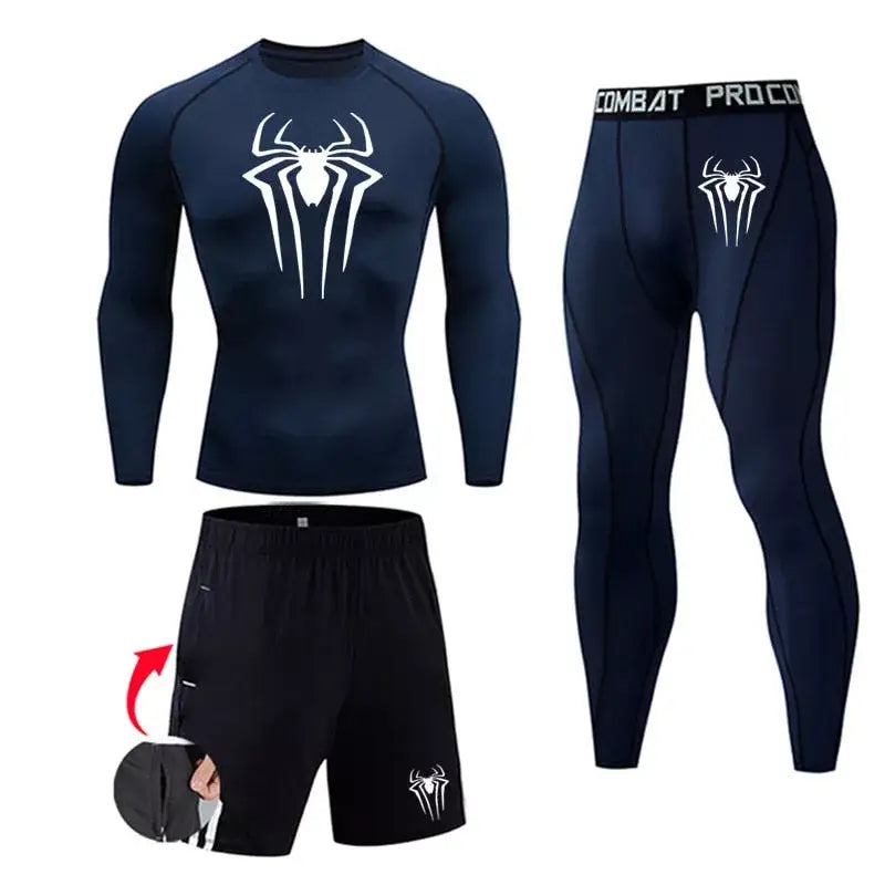 Męski zestaw kompresyjny Spiderman, kolor niebieski, dzianina dry-fit na siłownię.