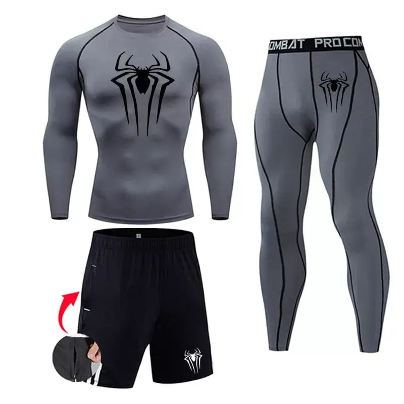 Ensemble de compression (pack) homme Spiderman, coloris gris logo noir, coupe ajustee seconde peau.