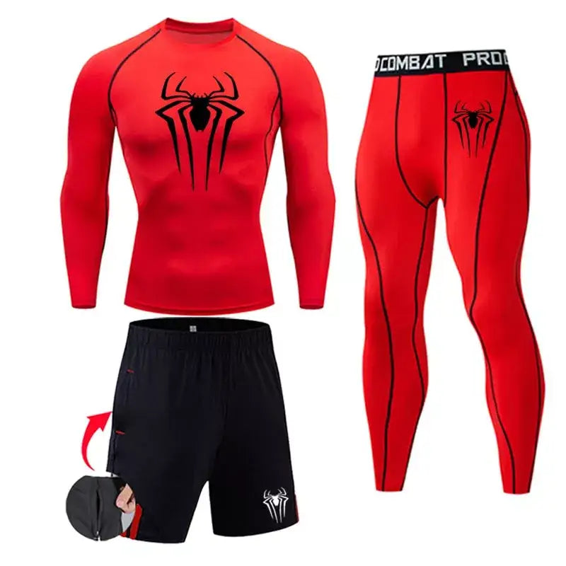 Męski zestaw kompresyjny Spiderman, kolor czerwony, oddychająca tkanina do treningu siłowego.