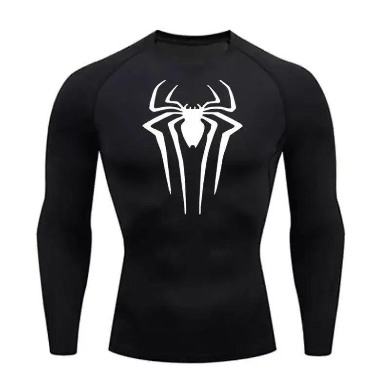 Camiseta de compresion de manga larga Spiderman para hombre, negro con logo blanco, malla dry-fit.