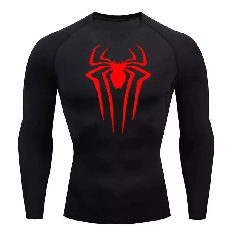 Camiseta de compresion de manga larga Spiderman para hombre, negro con logo rojo, tejido transpirable.