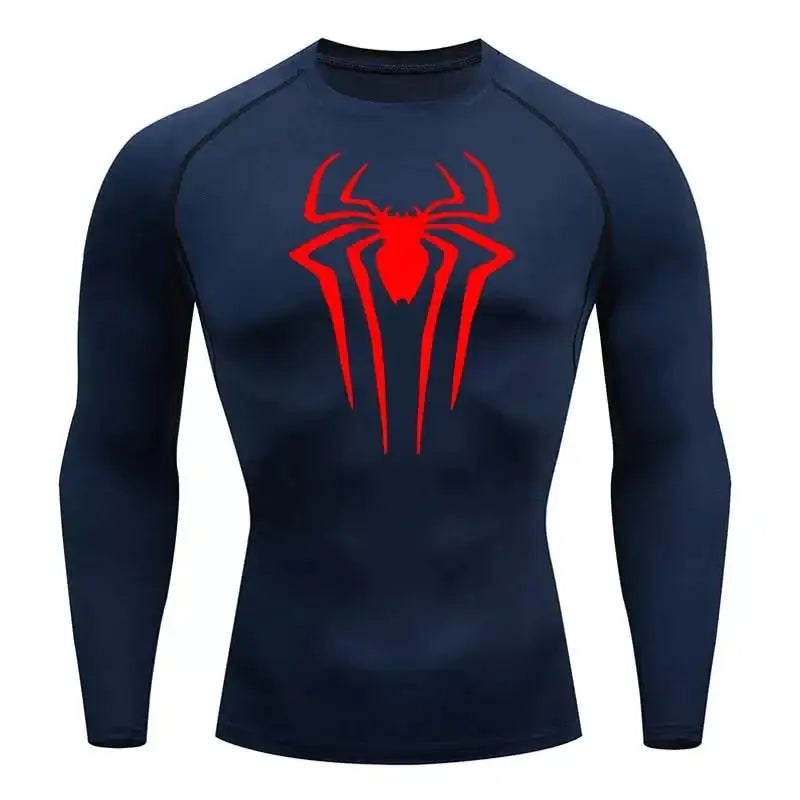 Camiseta de compresion de manga larga Spiderman para hombre, azul con logo rojo, malla dry-fit.