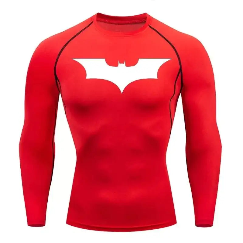 T-shirt de compression a manches longues homme Batman, coloris rouge, tissu extensible respirant.
