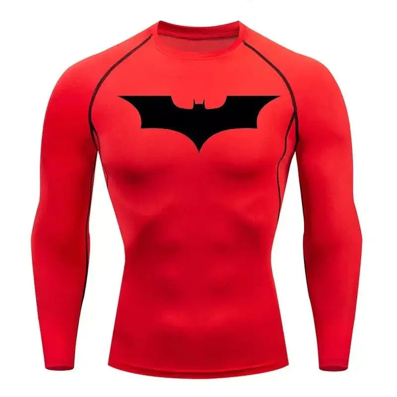T-shirt de compression a manches longues homme Batman, coloris rouge, maille dry-fit pour l entrainement.