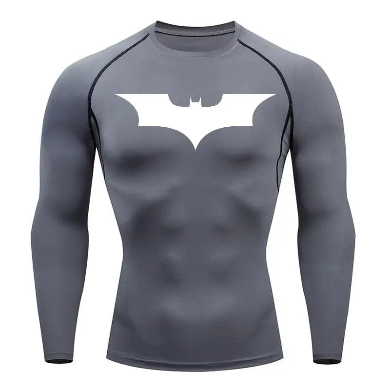 T-shirt de compression a manches longues homme Batman, coloris gris, tissu respirant pour la musculation.