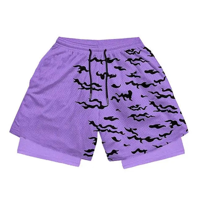 Pantalon corto deportivo Naruto para hombre en violeta, malla transpirable segunda piel.