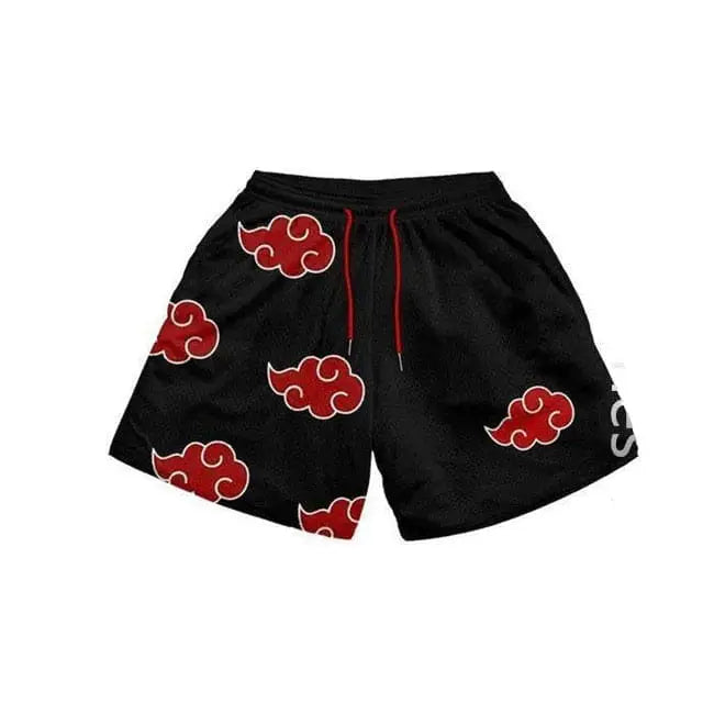 Pantalon corto deportivo Akatsuki para hombre en negro con logo rojo, malla dry-fit para entrenar.